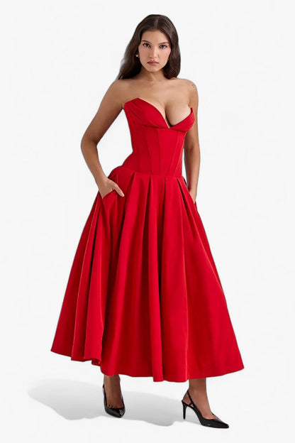 Women's Strapless Midi Dress - Corset Bodice - Pleated Full Skirt - Elegant Formal Wear