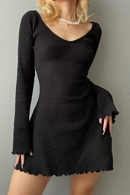 Women's Ribbed Knit Mini Dress - Fitted Silhouette - Scoop Neck - Long Sleeve