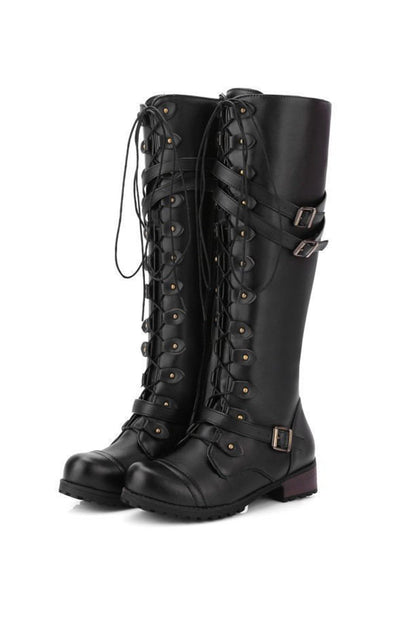 Women's round-toe rivet belt buckle square toe knight boots