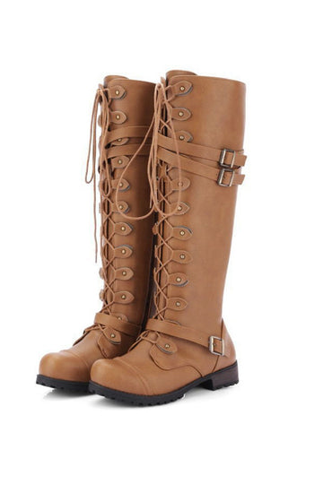 Women's round-toe rivet belt buckle square toe knight boots