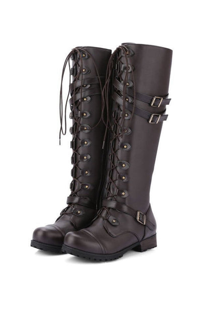 Women's round-toe rivet belt buckle square toe knight boots