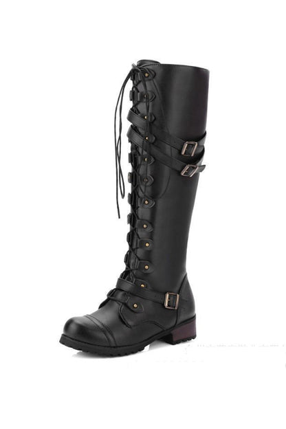 Women's round-toe rivet belt buckle square toe knight boots