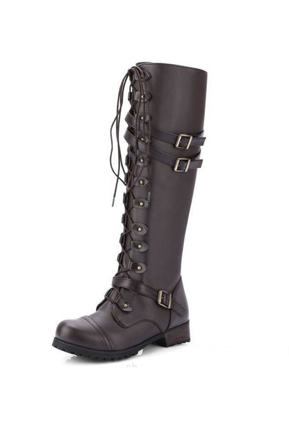 Women's round-toe rivet belt buckle square toe knight boots