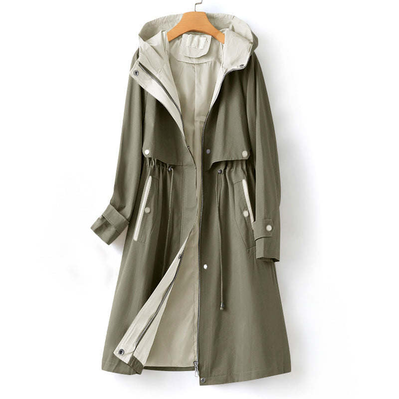 Keren - drawstring waist raglan sleeve hooded trench coat