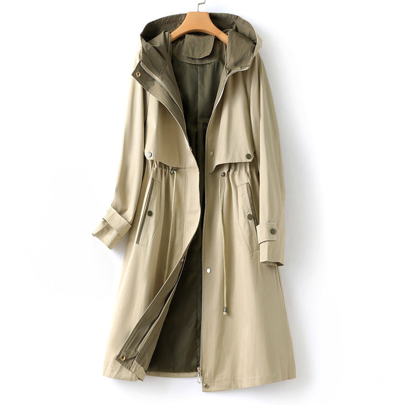 Keren - drawstring waist raglan sleeve hooded trench coat