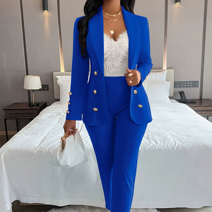Women’s Pantsuit - Tailored Fit Blazer with Metal Buttons - High-Waisted Straight-Leg Trousers