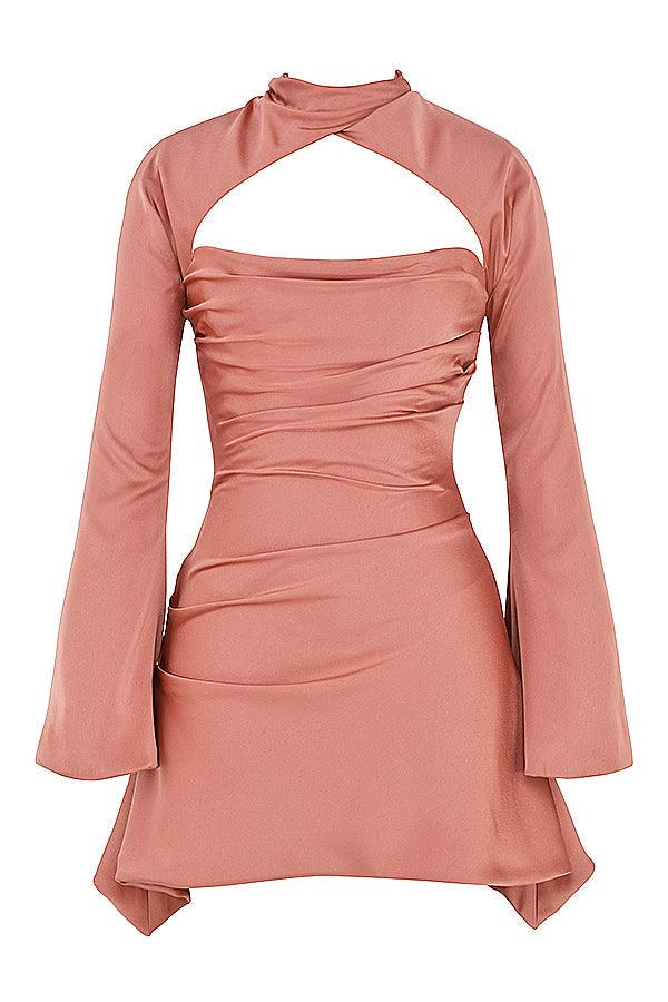 Satin Finish Fitted Long Sleeve Mini Dress