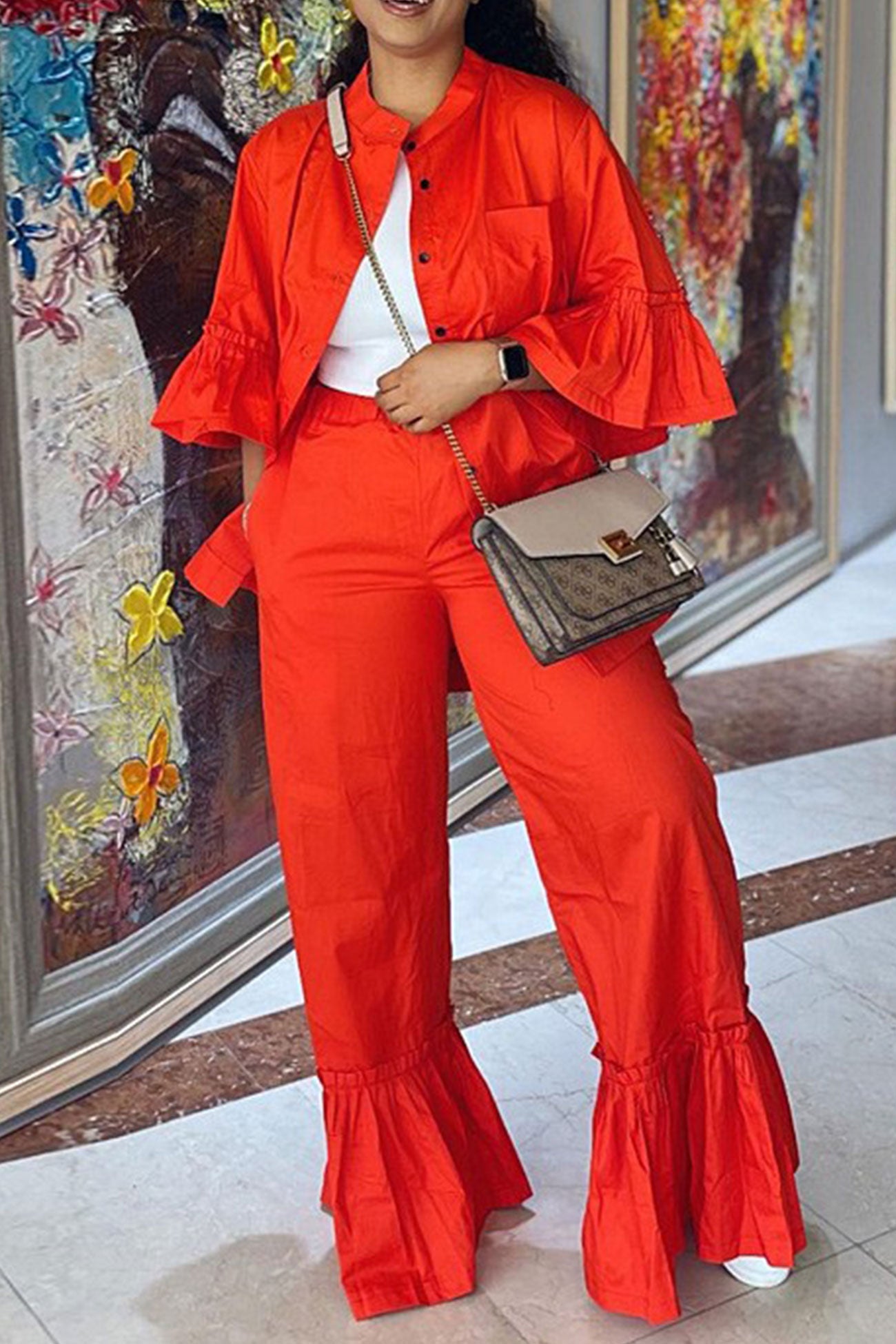 Viovie - ruffle half sleeve shirt flares pants suits