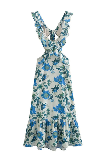 Ravena - ruffled cut - out floral printed lace-up dress