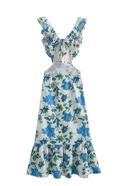 Ravena - ruffled cut - out floral printed lace-up dress