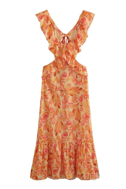 Ravena - ruffled cut - out floral printed lace-up dress