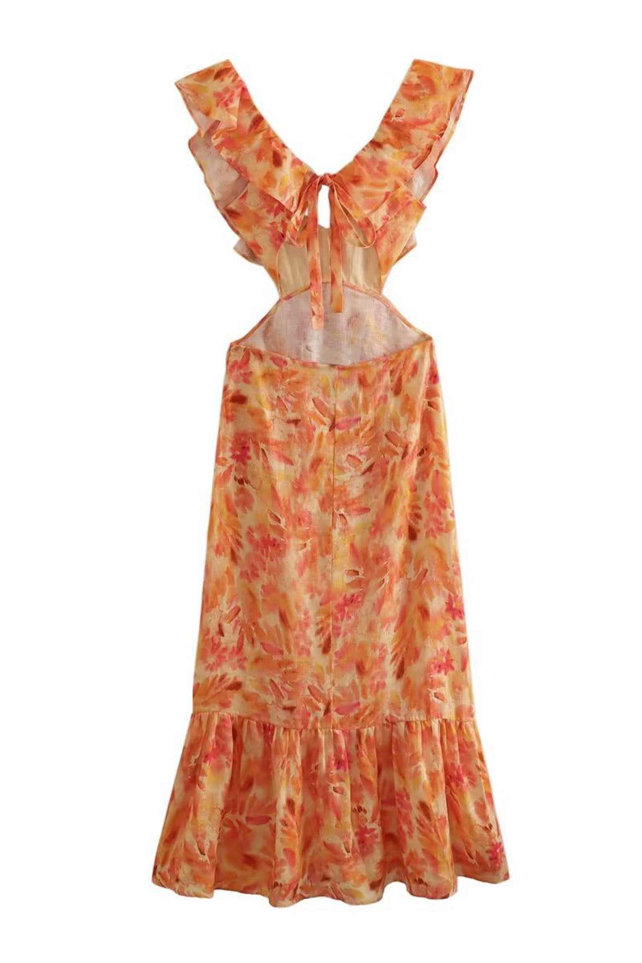 Ravena - ruffled cut - out floral printed lace-up dress