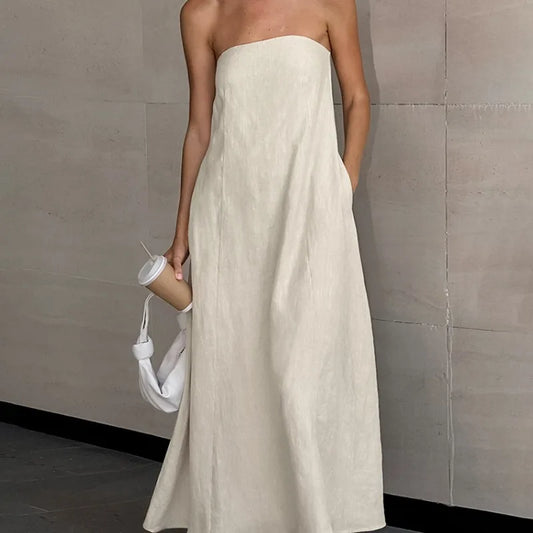 Linen Blend Relaxed Strapless Dress