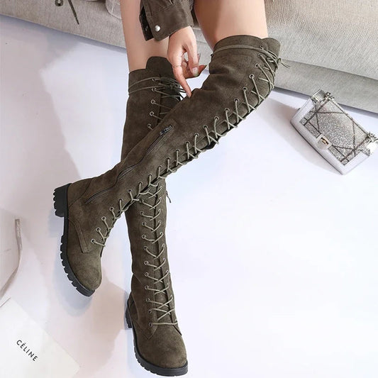 Suede-Like Lace-Up Over-the-Knee Boots 