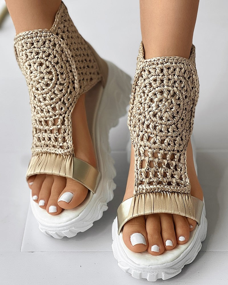 Women's Platform Sandals - Crochet Upper - High Ankle - Cushioned Rubber Sole