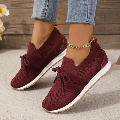 Women's Casual Sneakers - Breathable Knit Upper - Lace-Up - Rubber Sole Comfortable Fit