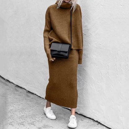Women's casual  loose high collar pullover knitted sweater skirt set