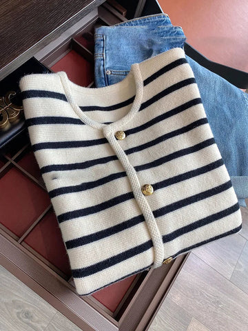 Soft waxy knitted striped sweater for women