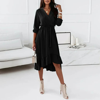 Women's Wrap Dress - V-Neck - Long Sleeve - Tie Waist - Ruffle Hem Elegant Fit