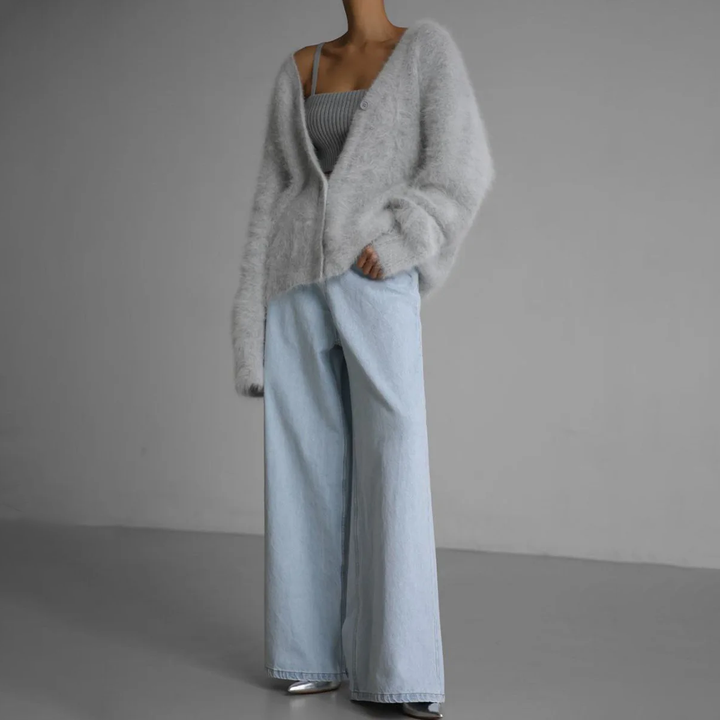 Women's oversized fuzzy v-neck cardigan