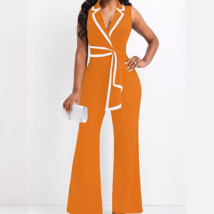 Women's Sleeveless Jumpsuit - Blazer Wrap V-Neck - Tie Waist Flare Pants Elegant Fit