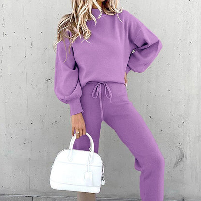 Women’s Loungewear Set - Soft Knit - Relaxed Fit Top & High-Waist Joggers - Balloon Sleeves