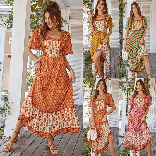 Bohemian Print Cotton Blend Maxi Dress