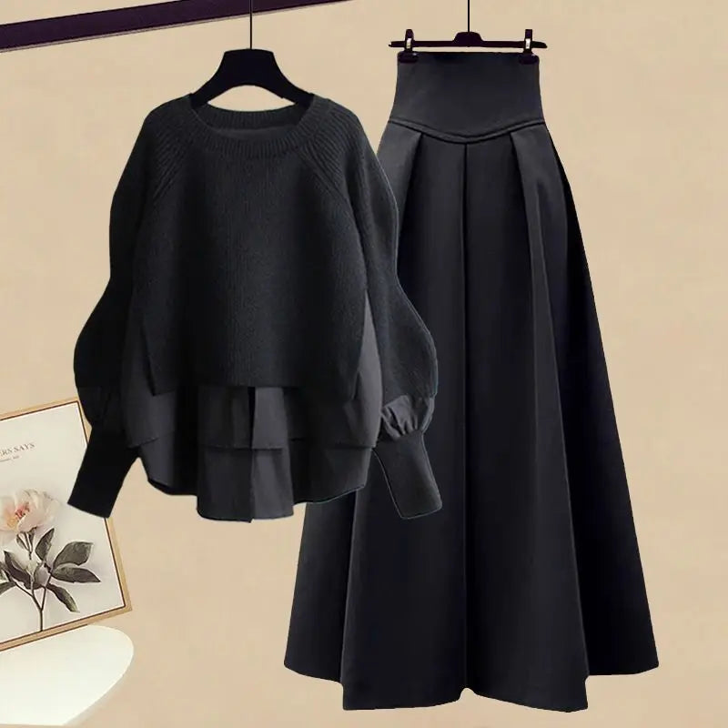 Women's large autumn winter splicing two-piece suit with slim skirt