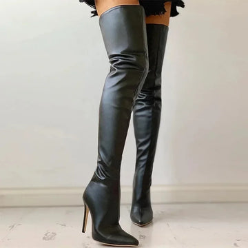 Women's thigh-high stretch PU leather heeled boots