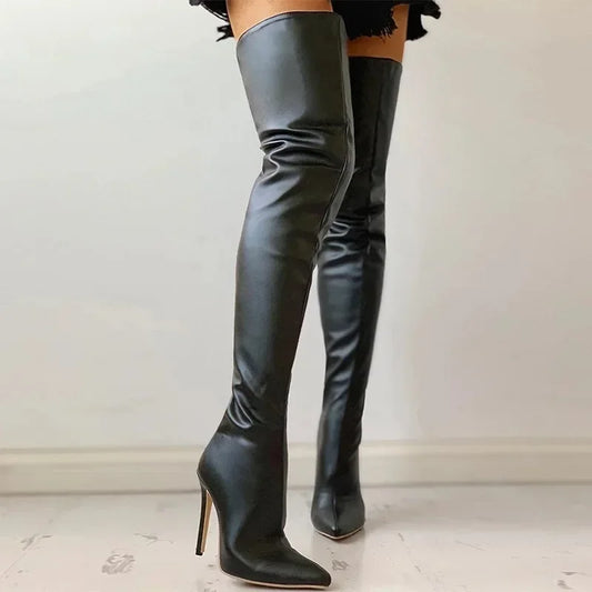 Stretch PU Leather Thigh-High Heeled Boots