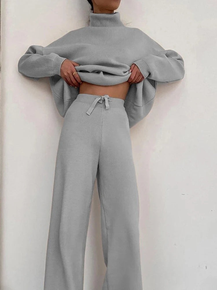 Women's winter turtleneck pullover and high waist pants set