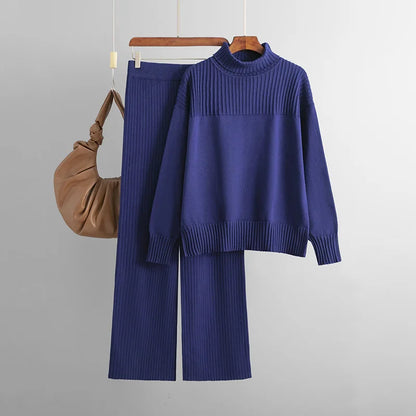 Women's casual knitted high neck loose sweater and pants two-piece set