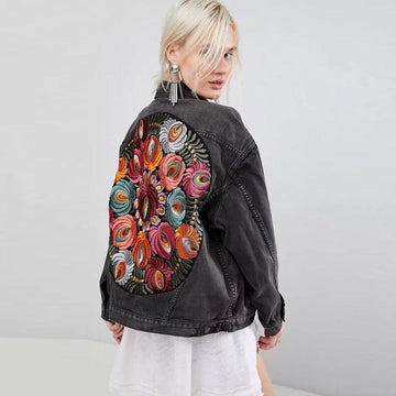 Women's boho gray denim jacket with embroidery