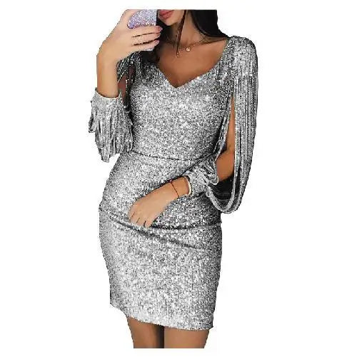 Women's Sequin Mini Dress - Scoop Neck - Draped Open Sleeves - Party Wear
