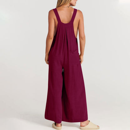 Women's Jumpsuit - Wide Leg - Bib Front with Buttons - Adjustable Straps - Relaxed Fit