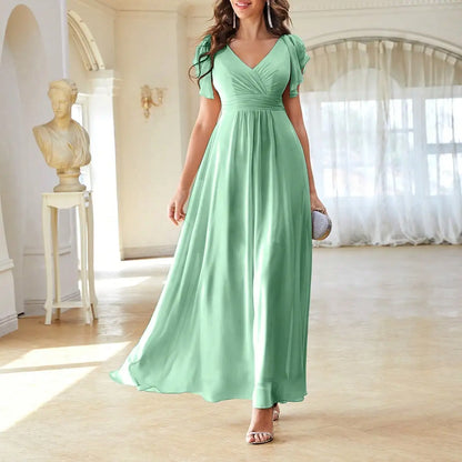 Women’s Evening Gown – Satin A-Line – V-Neck – Flutter Sleeves – Full Length Formal Wear