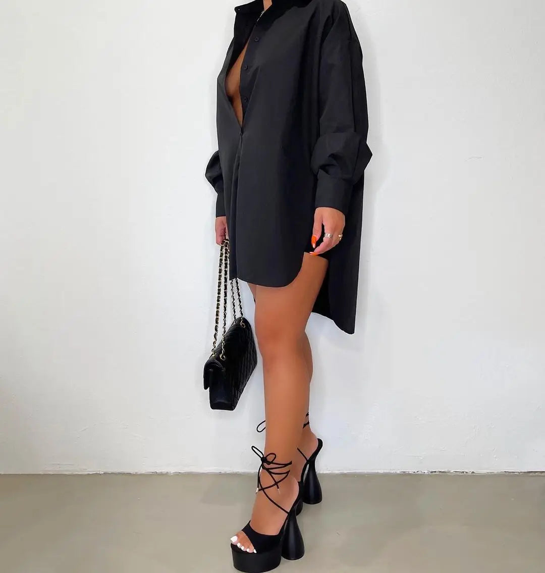 Women’s Button-Up Shirt Dress - Oversized Fit - Classic Collar - Long Sleeve Casual Wear