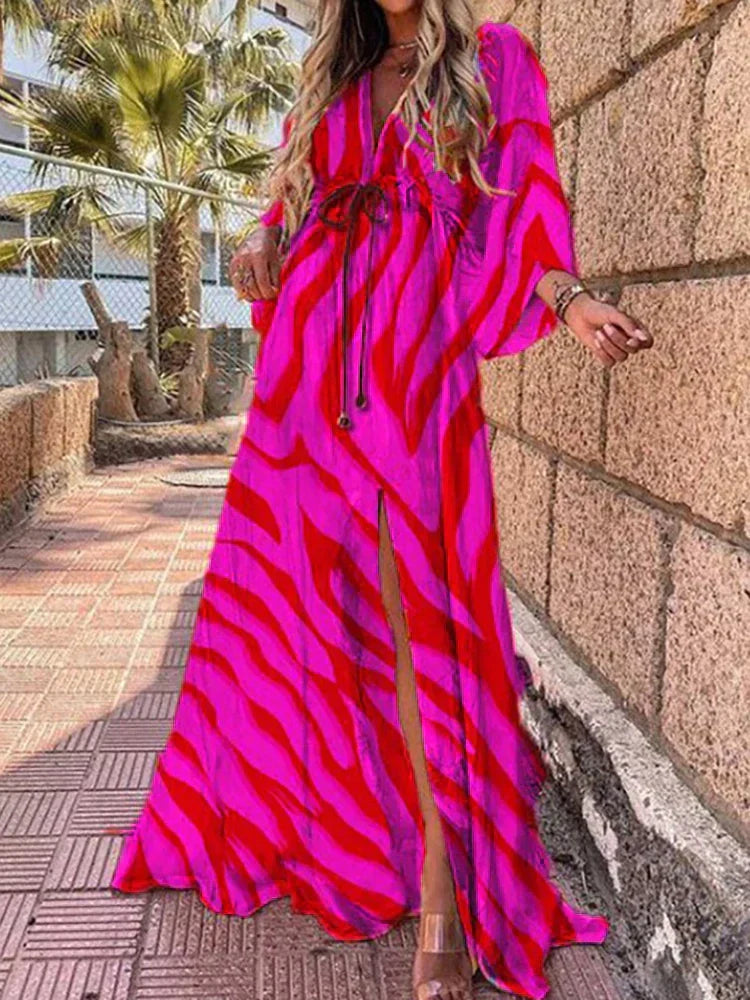 Abstract Print Belted Maxi Dress