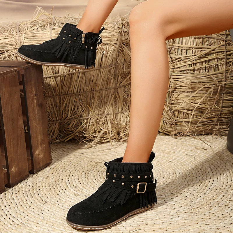 Women's retro faux suede buckle cowboy ankle boots