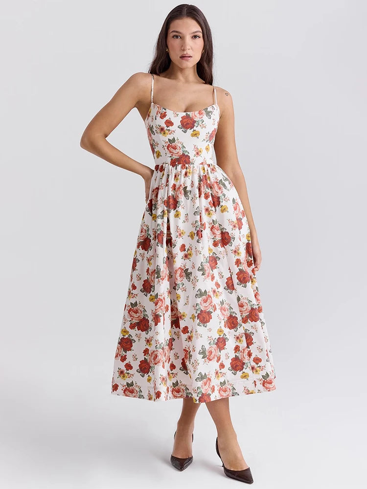 Women’s A-line Dress – Cotton Blend – Floral Print – Spaghetti Straps – Backless – Midi Length