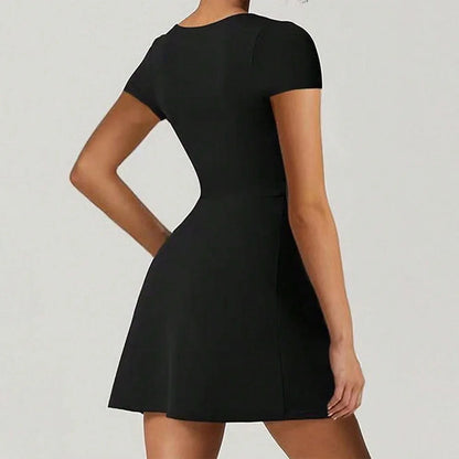 Women’s Mini Dress – Fitted Waist – Square Neck – Short Sleeve – Slit Hem – Stretch Fabric