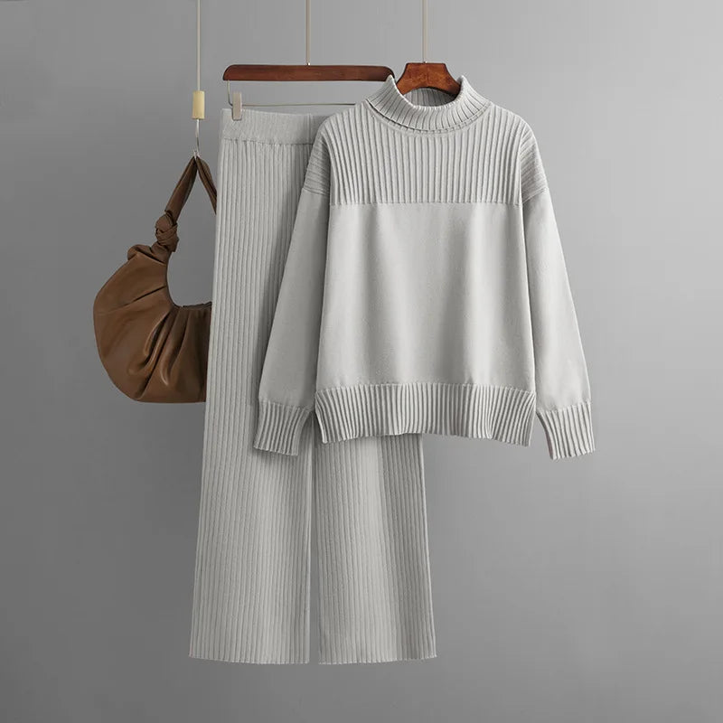 Women's casual knitted high neck loose sweater and pants two-piece set