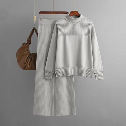 Women's casual knitted high neck loose sweater and pants two-piece set