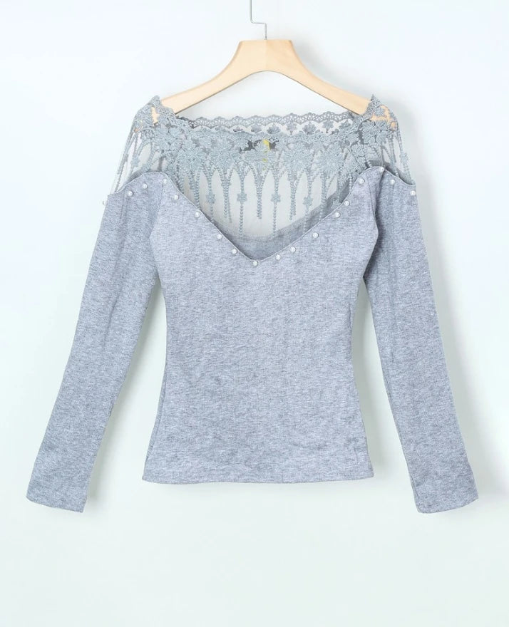 Women's Knit Sweater - Ribbed Long Sleeve - Lace V-Neck with Pearl Detailing