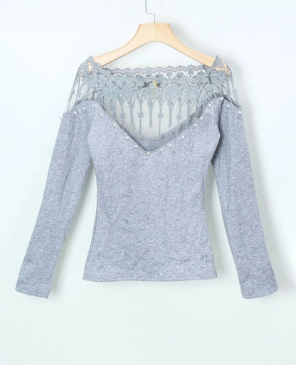 Women's Knit Sweater - Ribbed Long Sleeve - Lace V-Neck with Pearl Detailing