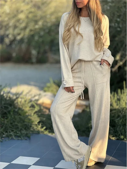 Women’s casual long sleeve t-shirt and wide leg trousers set