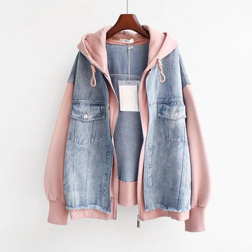 Women's loose fit hooded denim jacket with layered effect zipper closure