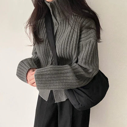 Women’s Knitted Cardigan Top - Ribbed Texture - High Neck - Button Placket - Relaxed Fit - Cropped Length