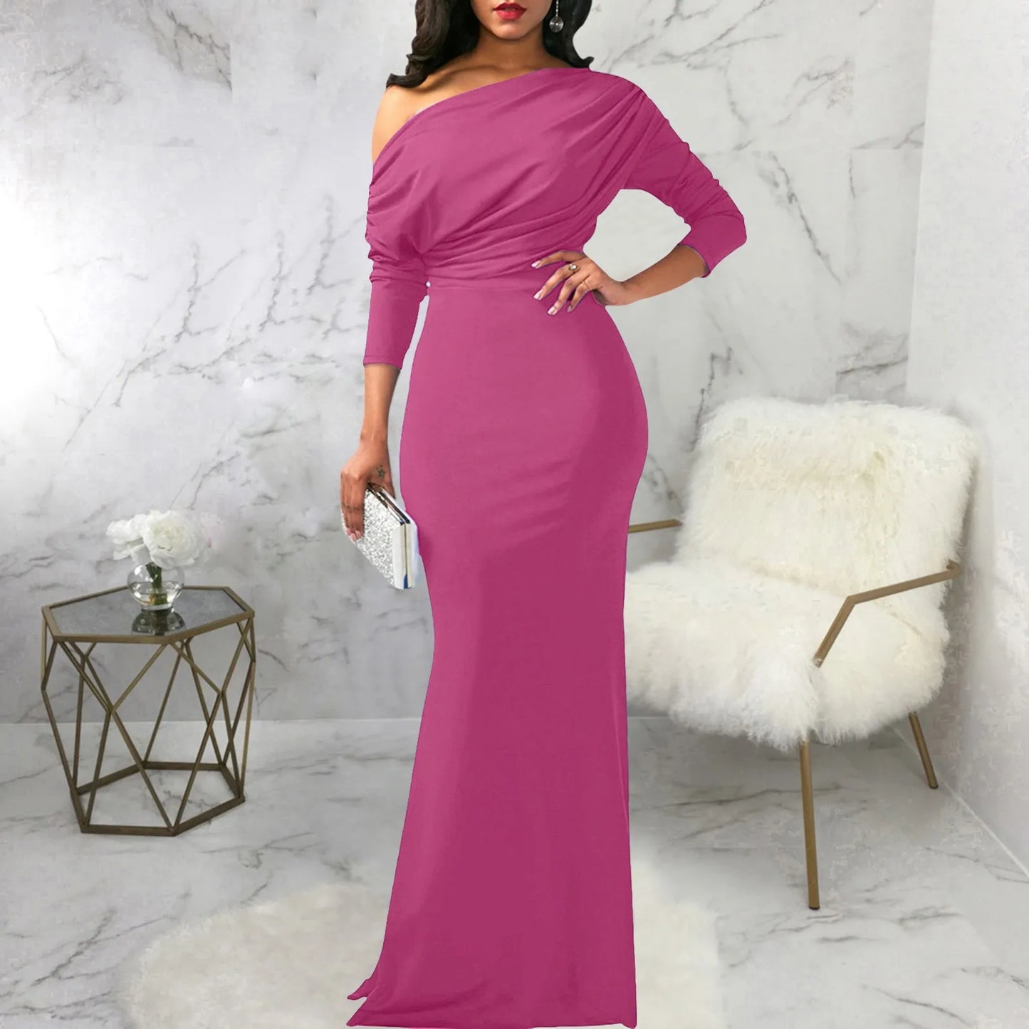Women’s Evening Gown – Fitted Silhouette – Off-Shoulder – Long Sleeve Draped Satin