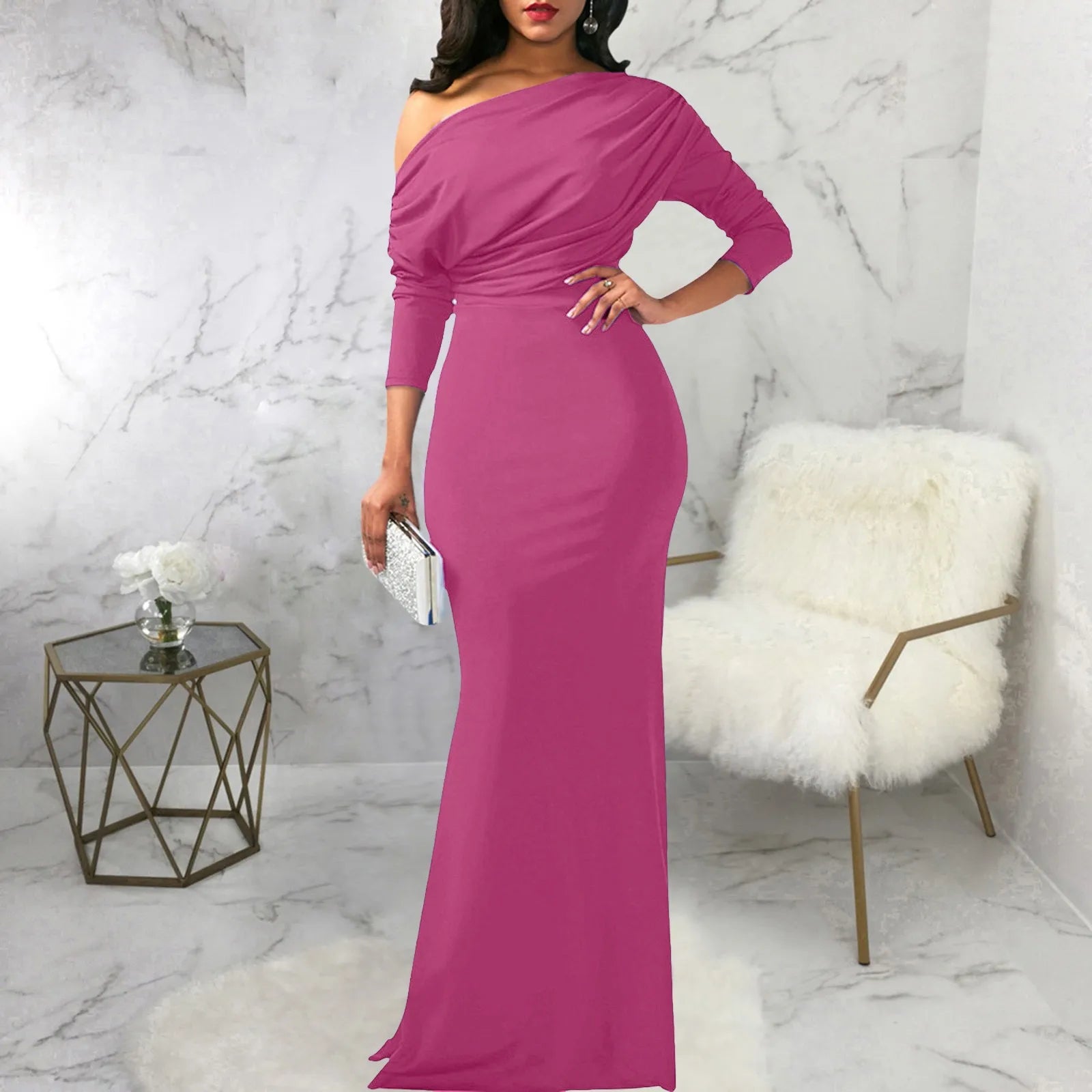 Draped Off-Shoulder Satin Evening Gown